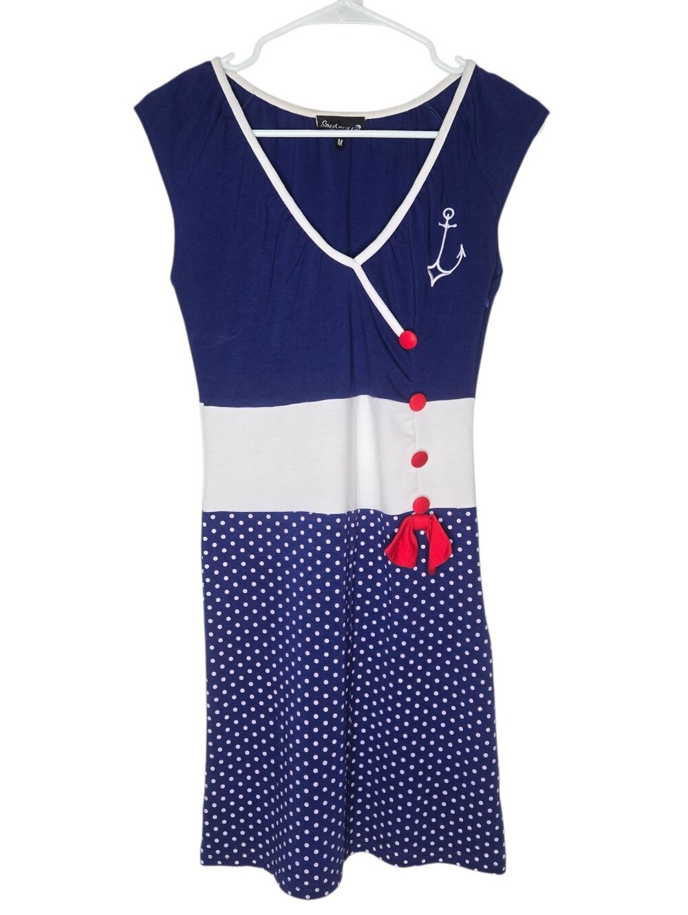 Sourpuss Blue White Red Polka Dot Sailor Dress Size Medium